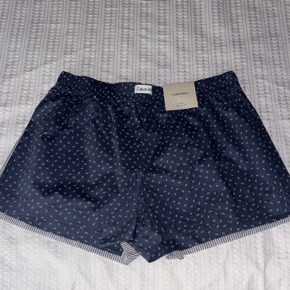 Calvin Klein 2pr. Medium Dark Blue Patterned & Stripe Design lounge Shorts  NWT